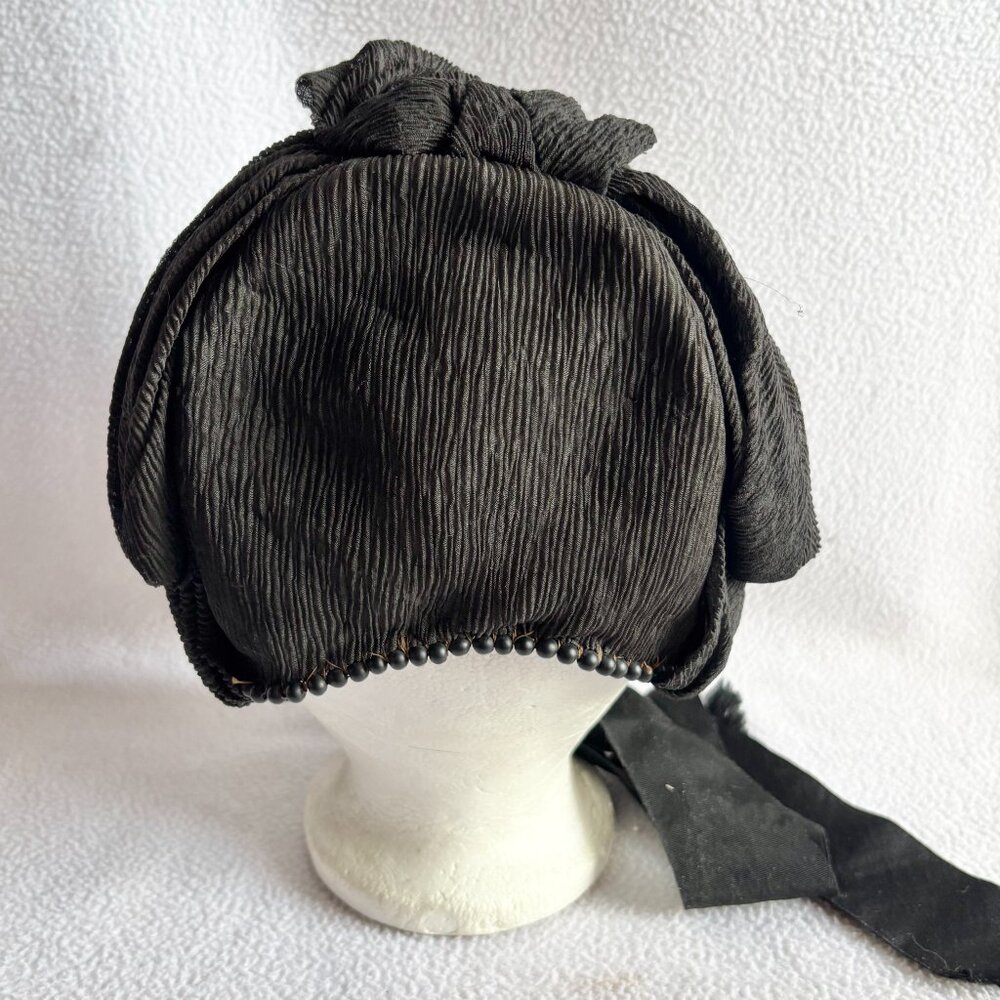 Antique Victorian Black Crepe Beaded Ruched Bonnet - Picture 6 of 15
